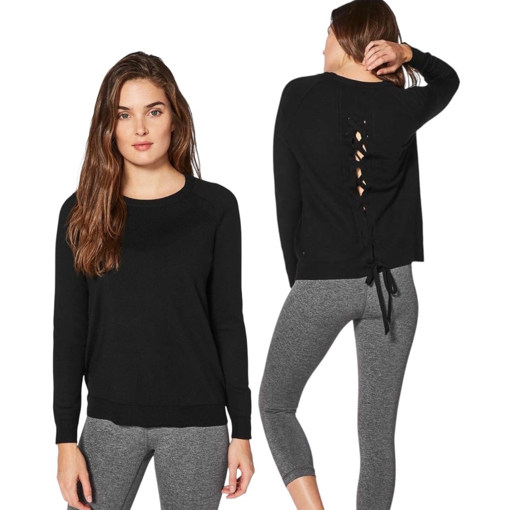 Lululemon Black Tied To You Sweater Lace Up Knit Long Sleeve Crew Neck Size 8